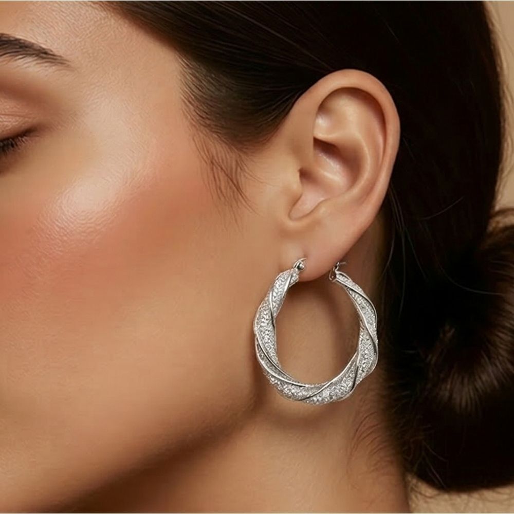 Silver Mesh Twisted Hoop Earrings Lever Back Women's Pierced Ear Jewelry Formal
